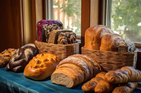 Premium AI Image | Variety of artisan bread loaves on display created with generative ai