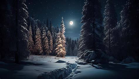 Premium Photo | Snowy winter forest at night with full moongenerative ai