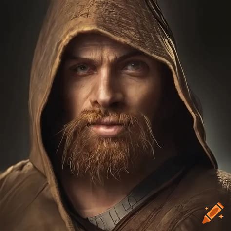 Realistic brown haired bearded human male hooded ranger portrait in the style of baldur's gate ...