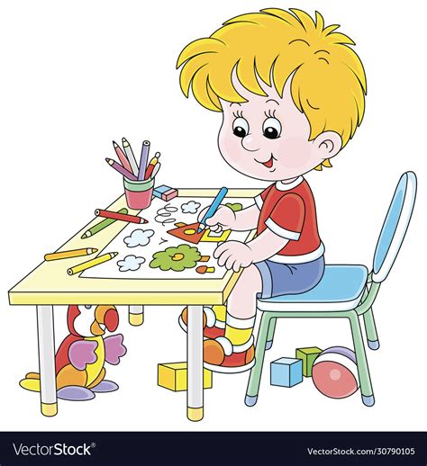 Little boy drawing a picture with color pencils Vector Image