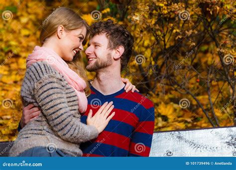 Lovers Couple in Autumn Park on Bench Stock Photo - Image of girlfriend ...