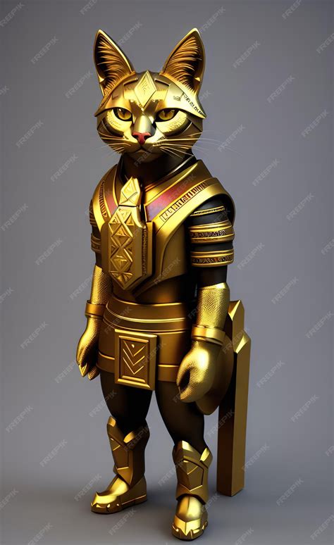 Premium AI Image | A gold and black cat statue with a red nose and a ...