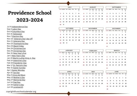 Providence School Calendar with Holidays 2023-2024