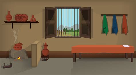 Village room inside vector, poor mud house room interior cartoon ...