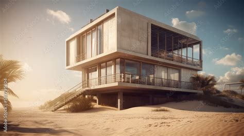 Modern house with panoramic windows on the beach. Modern beach house design. Modern architecture ...