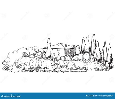 Hand Drawn Illustration of House on Hill Stock Vector - Illustration of texture, tree: 76562184