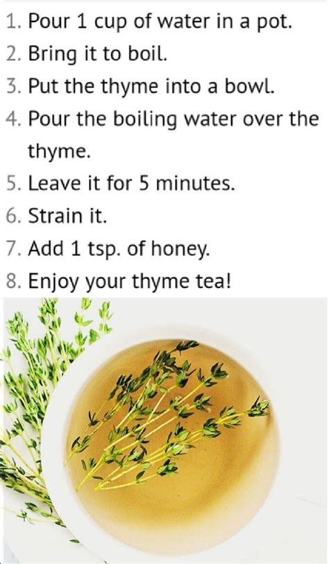 THYME TEA. 1/2 cup thyme, 1 cup water, 1tsp honey. | Herbal teas recipes, Natural health ...