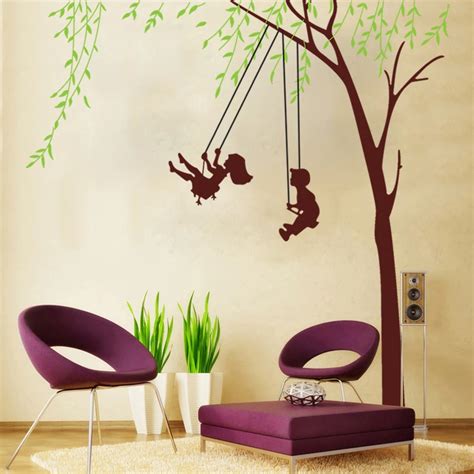 Happy Day Children Swing Wall Stickers For kids Rooms Green Tree Wall Decals Living Room Bedroom ...