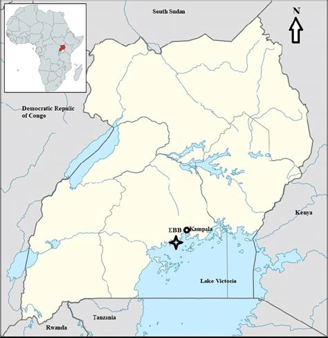 Map of Uganda showing the location of Entebbe International Airport ...