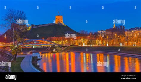 Gediminas castle and Mindaugas bridge in the late evening light, Vilnius Stock Photo - Alamy