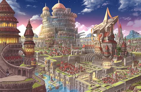 Anime fantasy city, castle, village, waterfall, witch, Anime, HD ...