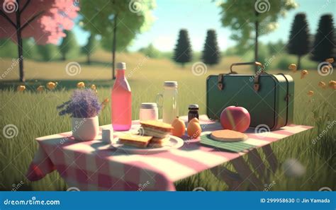 Picnic in the Park with Food and Flowers. 3d Render Stock Illustration - Illustration of green ...