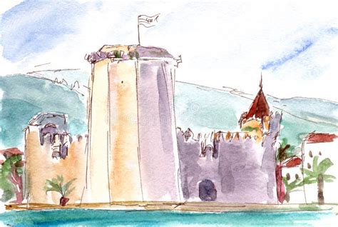 Travel Sketch Watercolor Drawing Fortress in Croatia City Trogir Stock ...