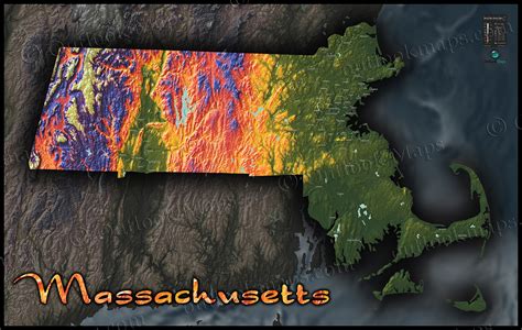 Massachusetts Map | Colorful 3D Topography of Natural Terrain