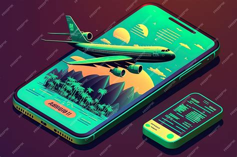 ジェネレーティブ ai にインスピレーションを得た、飛行機と電話アプリで世界を旅行するイラスト、80 年代と 90 年代を捉えたレトロなウェーブ アート スタイル | プレミアム写真