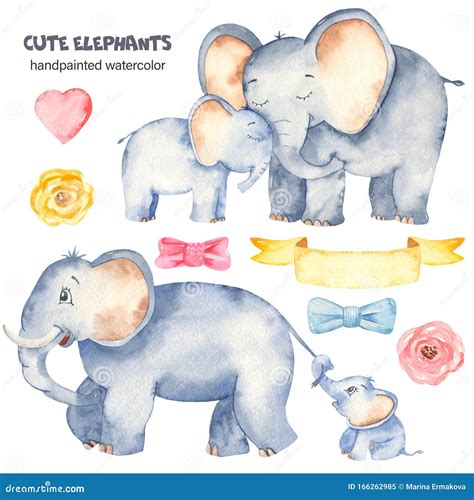 Watercolor Cute Elephants with Baby Elephants Stock Illustration - Illustration of mother, girl ...