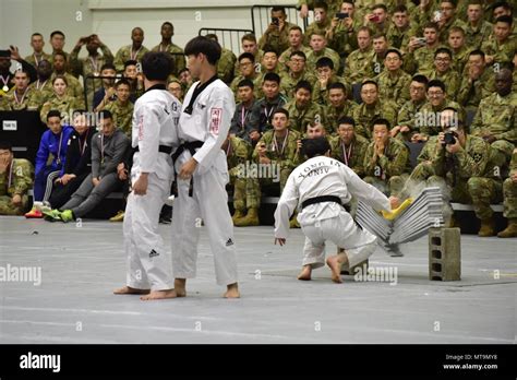 Taekwondo demonstration team from Yong-in University is performing in front of Soldiers at Camp ...