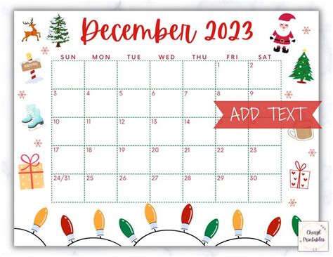 Printable December Calendar 2023, Christmas Calendar, Holiday Calendar