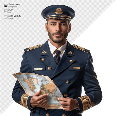 Premium PSD | Navy officer in uniform holding a world map looking confident