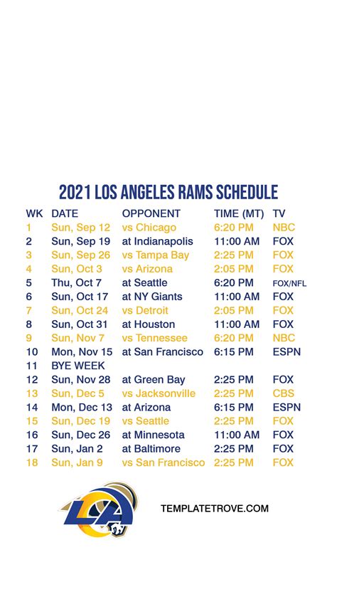 Rams Printable Schedule Includes Game Times, Tv Listings And Ticket ...