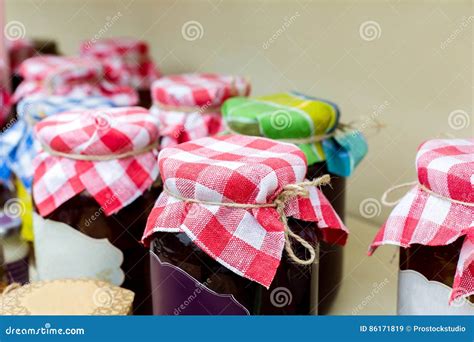 Homemade Jams in Glass Jars for Sale on Country Fair Stock Image ...