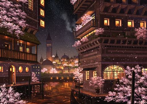 a night scene with cherry blossom trees and buildings