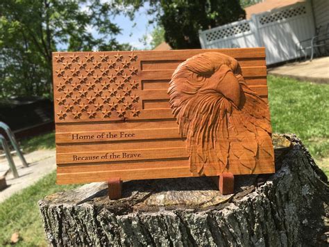 American Flag Wood Sign Patriotic Bald Eagle Carved Wooden Sign! Great Military Gift, Unique ...