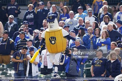 Milwaukee Brewers mascot Barrelman is seen during an MLB game against ...