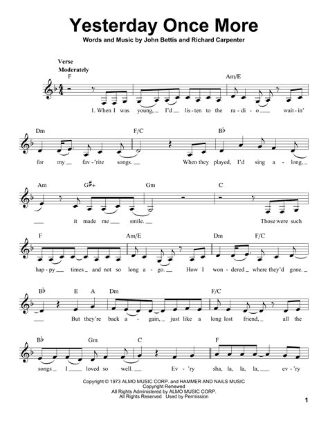 The Carpenters "Yesterday Once More" Sheet Music Notes | Download ...