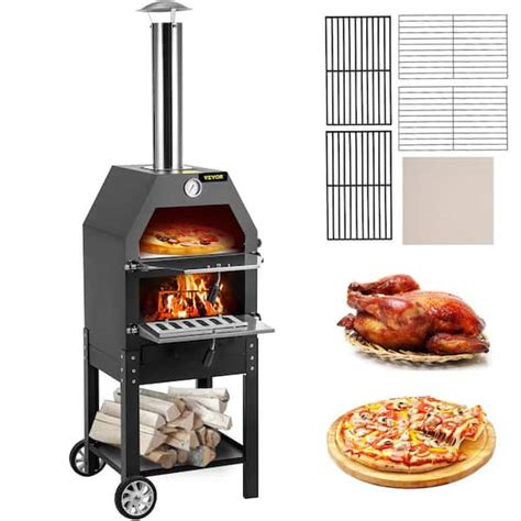 VEVOR Pizza Oven 12 in. Removable Wheels 2-Layer Charcoal Burning Outdoor Pizza Oven with Pizza ...