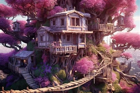 Premium AI Image | A house in a tree with a bridge on it