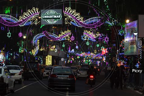 Image of Christmas time lighting and decorations in night time, at Park ...