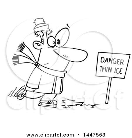 Clipart of a Cartoon Black and White Lineart Man Skating on Thin Ice ...