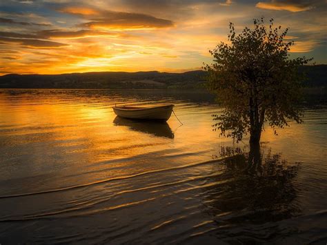 720P Free download | Orange Sunset Over the Lake, boat, trees, sky, nature, orange, lake, sunset ...