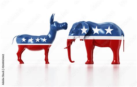 Republican and Democrat party political symbols elephant and donkey. 3D ...