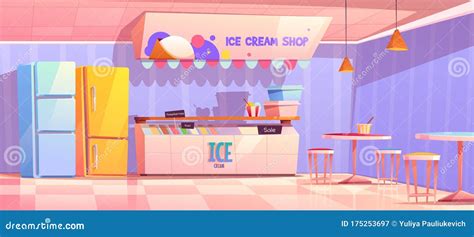 Ice Cream Shop Interior with Fridge and Tables Stock Vector - Illustration of interior, design ...