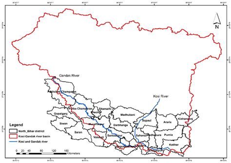 Location map of North Bihar region and Kosi Gandak river basin (red ...