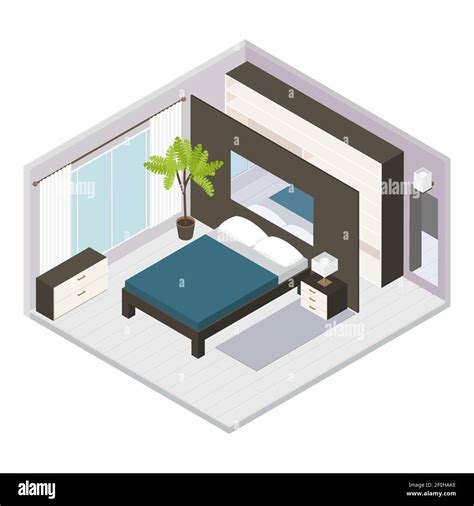 3d set Isometric bedroom interior with large double bed and room style ...