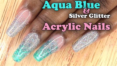 Acrylic Nails Aqua Blue and Silver Glitter Nails - Full set with Tips - LongHairPrettyNails ...