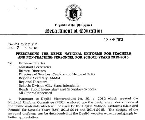 DepEd Memo for Teachers & Personnel Uniform for 2013-2015 | PhilNews