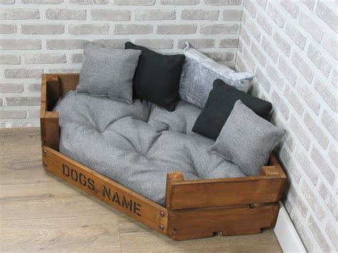 Large Personalised Rustic Wooden Corner Dog Bed In Grey And | Etsy ...