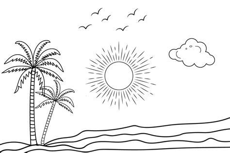 verano puesta de sol tropical playa línea Arte vector ilustración, mano dibujado puesta de sol y ...