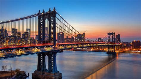 Download 1600x900 Wallpaper Manhattan Bridge, Suspension Bridge, Sunset, New York, City, Lights ...