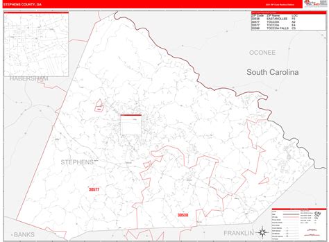 Stephens County, GA Zip Code Wall Map Red Line Style by MarketMAPS