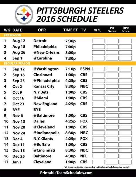 Pittsburgh Steelers Printable Schedule 2016-17 | Packers football ...