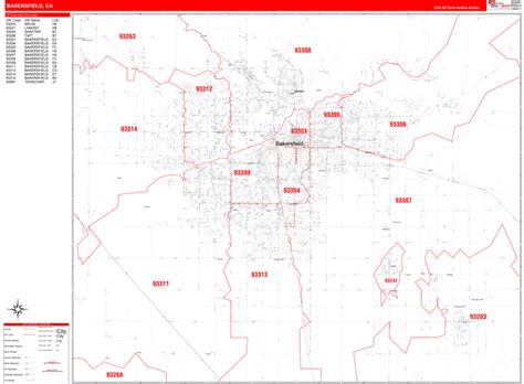 Bakersfield California Zip Code Wall Map (Red Line Style) by MarketMAPS ...