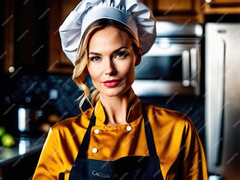 Premium AI Image | Female chef posing next to a table in kitchen Studio ...