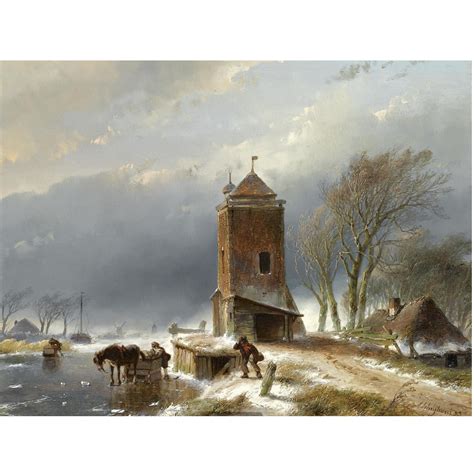 Andreas Schelfhout 1787 - 1870 DUTCH A VIEW OF A FROZEN CANAL WITH FIGURES NEAR A HORSE DRAWN ...