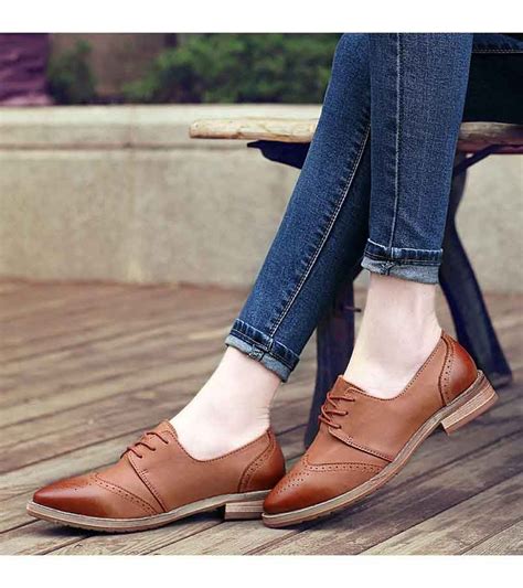 Women's #brown leather retro Brogue lace up #DressShoes, sewing thread design, Point toe, casual ...