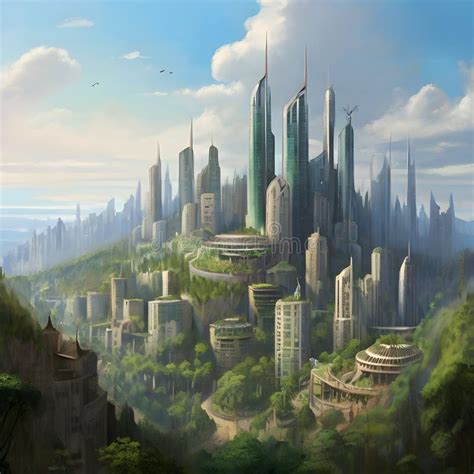 A Modern Forest City Built with Futuristic Design and Architecture Stock Illustration ...